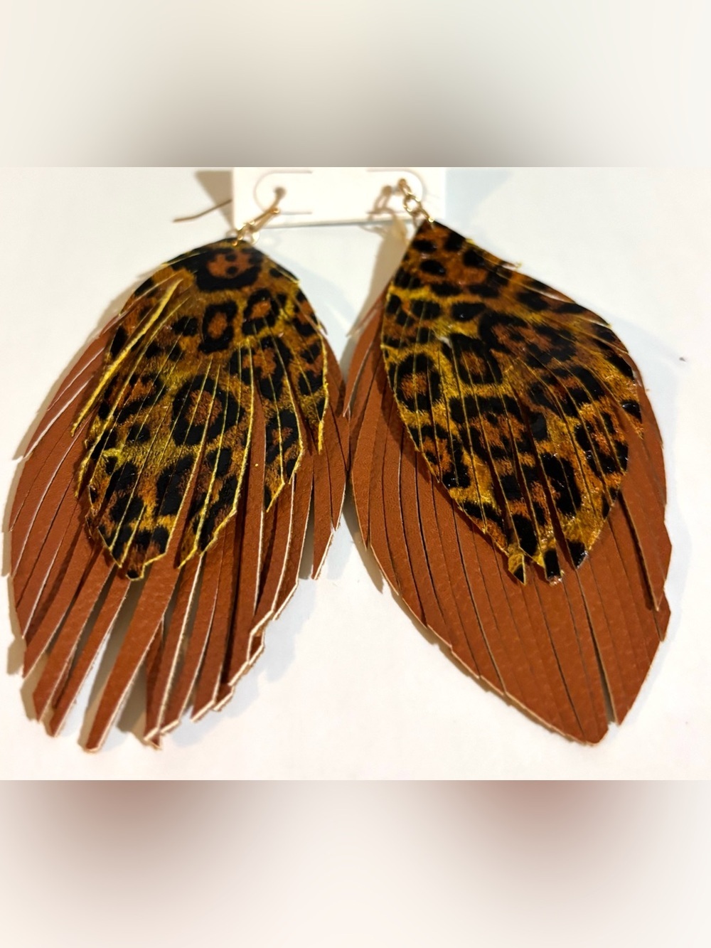 Leopard Feather leather Fringe Drop Earrings - Brown & Black